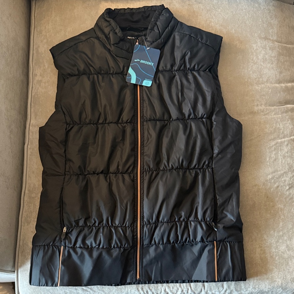 Brooks Running Black Puffer Vest with Rose Gold Accents